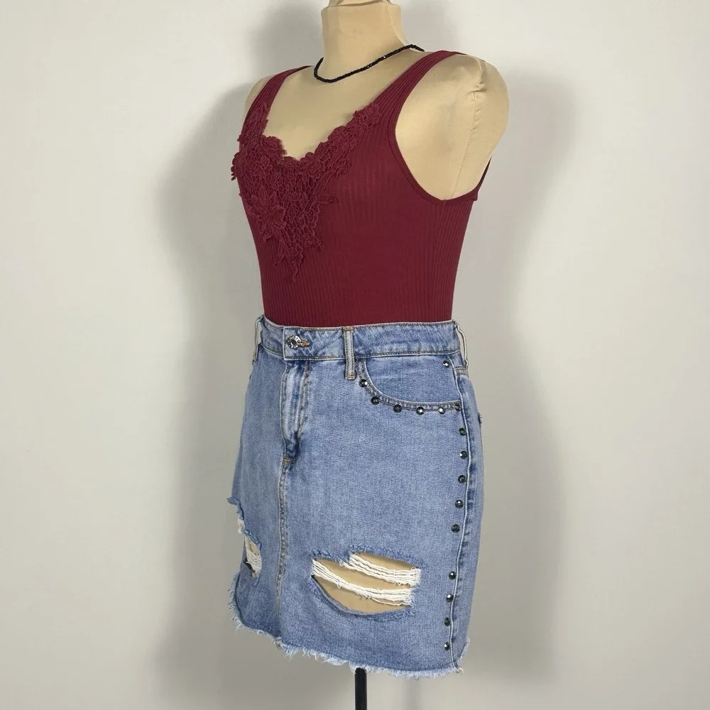Y2K Guess Jeans Large Mini Denim Skirt Triangle Logo Embellished Trim Distressed